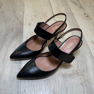 Lewit Black Leather Slingback Pumps 8 Pointed Toe High Heel Designer Made Italy